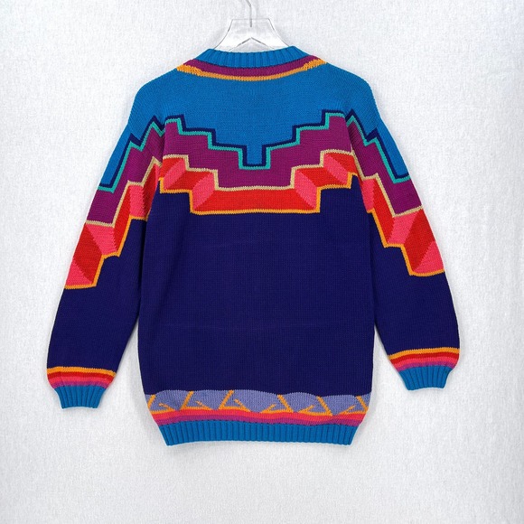 PERUVIAN CONNECTION Vintage Cardigan Sweater Womens Small Multi Cotton Geometric - Picture 2 of 16